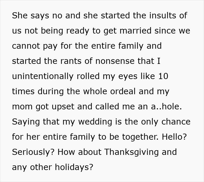 Text excerpt describing a man cutting off parents after their revenge for his plan of a small wedding.
