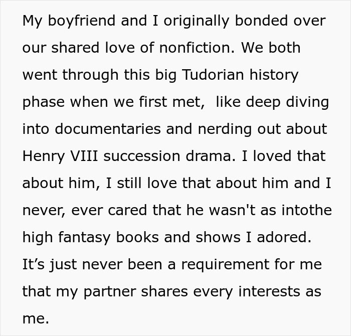 Text excerpt describing a couple bonding over nonfiction, contrasting with love for fiction and fantasy books.