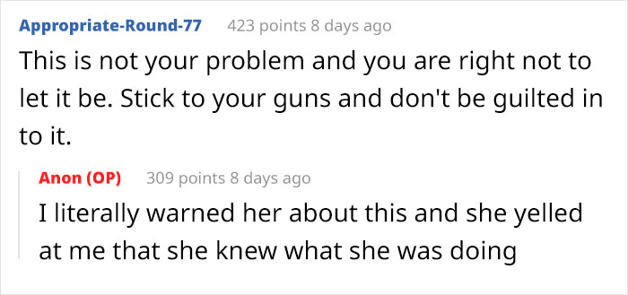 Screenshot of a forum conversation about a childfree woman refusing to take responsibility for her sister's new baby.