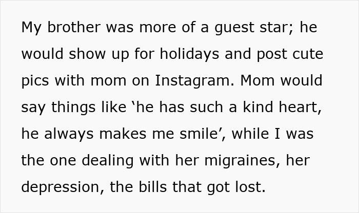 Text excerpt describing family dynamics where daughter cares deeply for mother but is unnoticed, overshadowed by son's gestures. Text excerpt describing family dynamics where daughter cares deeply for mother but is unnoticed, overshadowed by son's gestures.