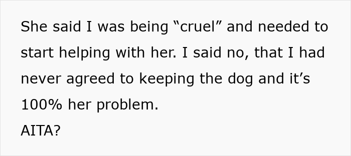 Text excerpt discussing a conflict about dog care responsibility, highlighting a dog-care-home-drama situation. Text excerpt discussing a conflict about dog care responsibility, highlighting a dog-care-home-drama situation.