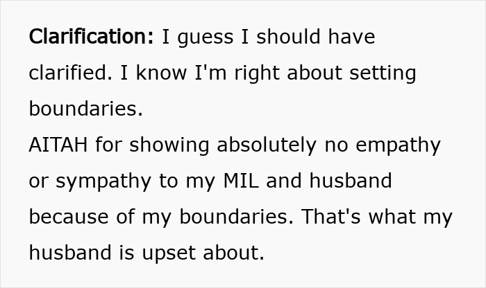 Clarification text about setting boundaries and lack of empathy towards MIL and husband causing marital issues. Clarification text about setting boundaries and lack of empathy towards MIL and husband causing marital issues.