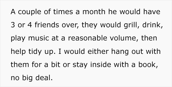 Alt text: Text describing a woman’s experience with boys’ nights at their house involving friends grilling, drinking, and playing music. Alt text: Text describing a woman’s experience with boys’ nights at their house involving friends grilling, drinking, and playing music.