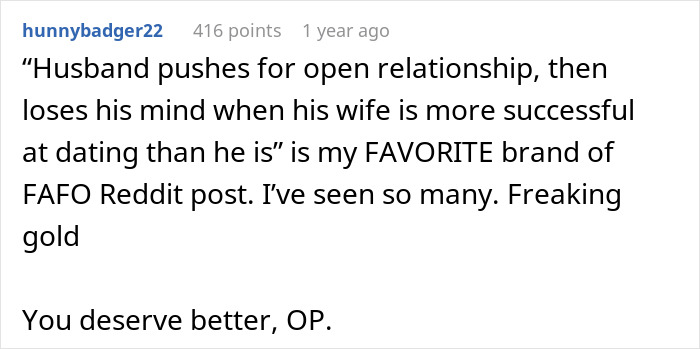 Reddit comment about a man pushing for open marriage who realizes he can&rsquo;t handle the insecurity and challenges.