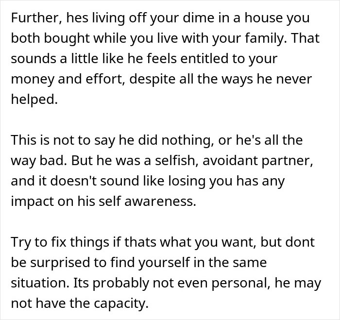 Text excerpt about a woman getting a reality check after regretting a divorce and her selfish partner’s behavior. Text excerpt about a woman getting a reality check after regretting a divorce and her selfish partner’s behavior.