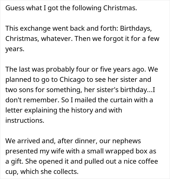 Text excerpt showing a rich aunt giving a cheap Christmas gift and a dad planning petty revenge for Christmas.