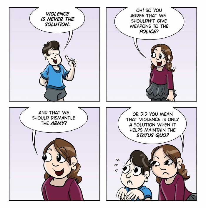 Comic panels by Sophie Labelle depicting a conversation on violence, police, the army, and status quo themes in LGBTQ+ topics.