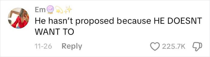 Screenshot of a social media comment saying he hasn’t proposed because he doesn’t want to, discussing proposals and relationships. Screenshot of a social media comment saying he hasn’t proposed because he doesn’t want to, discussing proposals and relationships.