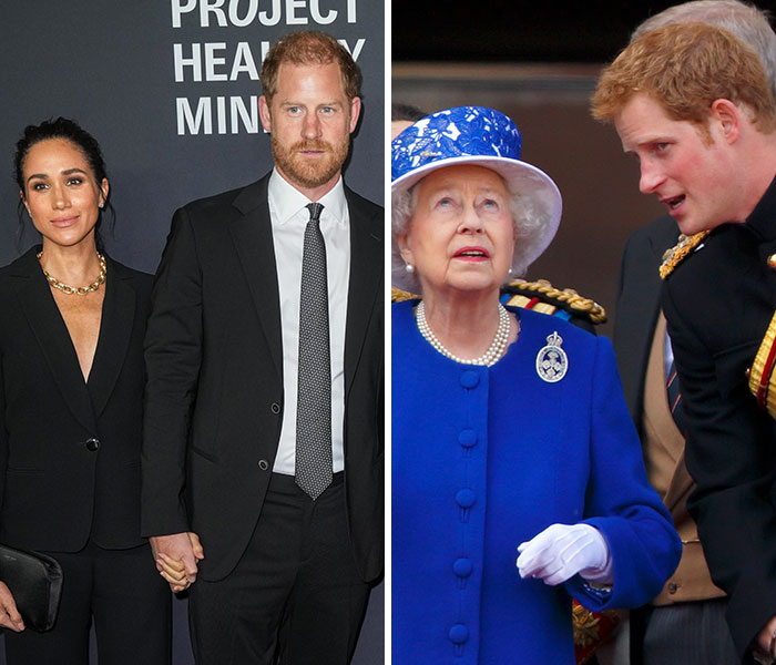 Prince Harry and Meghan Markle at an event and a separate image of Queen Elizabeth with Prince Harry in uniform royalty family context.