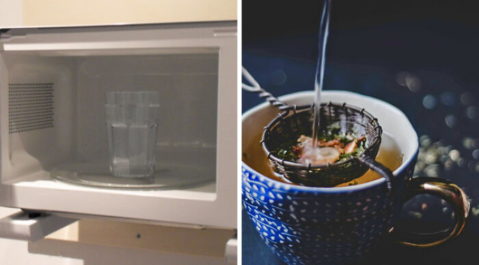 Microwave with a glass inside on the left and tea being poured into a blue cup with a strainer on the right, representing casual wear versus school uniforms. Microwave with a glass inside on the left and tea being poured into a blue cup with a strainer on the right, representing casual wear versus school uniforms.
