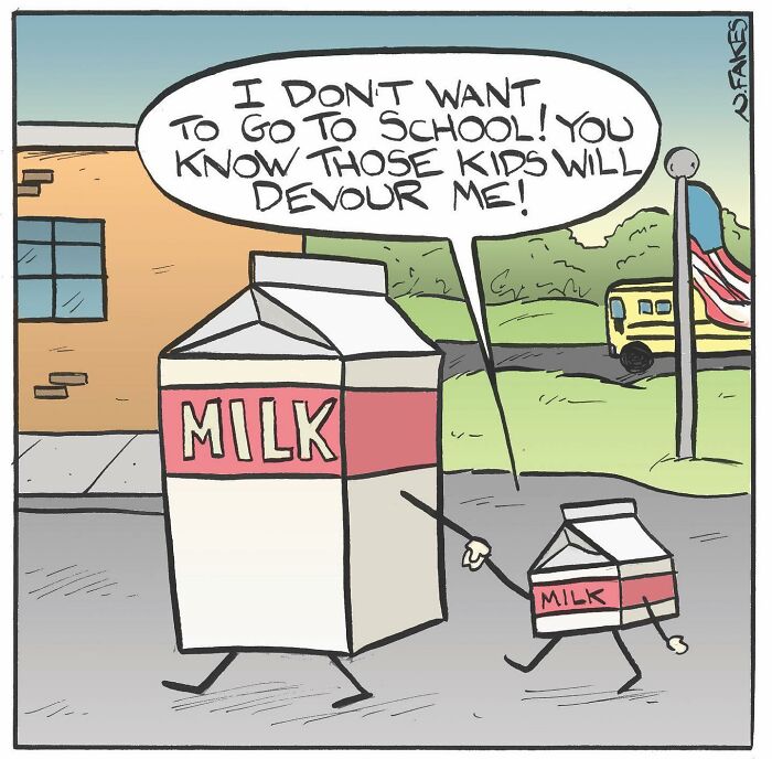 Cartoon milk cartons with arms and legs walking, smaller carton saying kids will devour it, comic by Nate Fakes.
