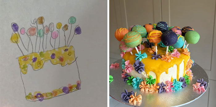 Expectation vs reality photo showing a colorful cake drawing next to a vibrant, decorated cake with cake pops and flowers.