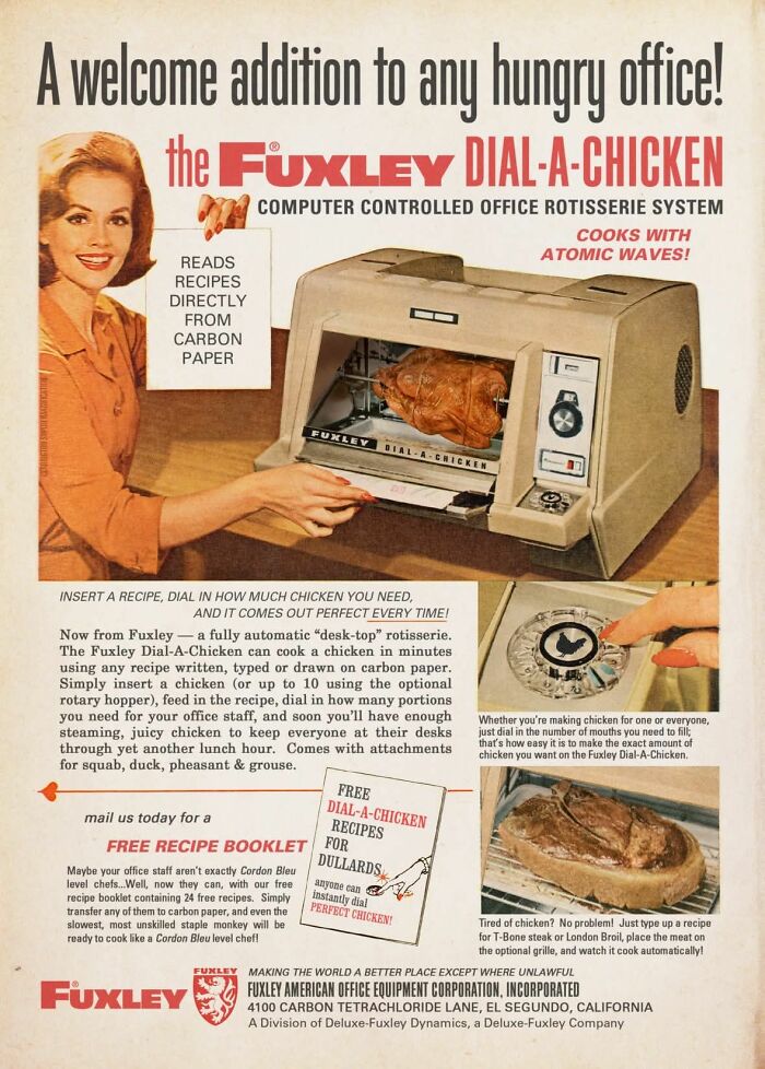 Vintage ad showcasing the Fuxley Dial-A-Chicken, a computer-controlled office rotisserie system from the past.