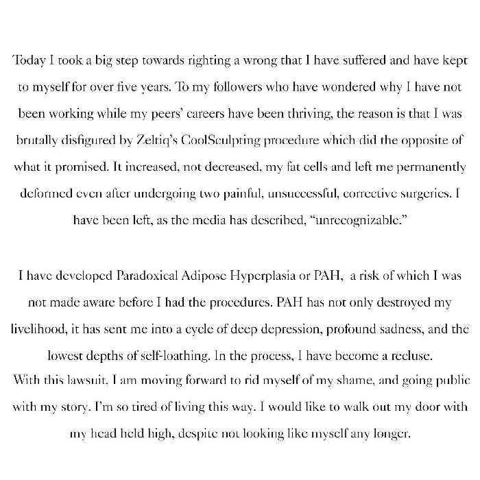 A história do Coolsculpting de Linda Evangelista explicando a desfiguração e as lutas após o procedimento Zeltiq e cirurgias corretivas.
