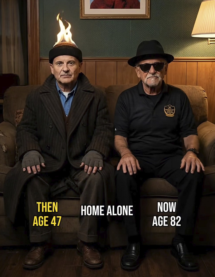 Two men sitting on a couch showing then and now ages with one wearing a flaming hat, illustrating a Home Alone viral video.