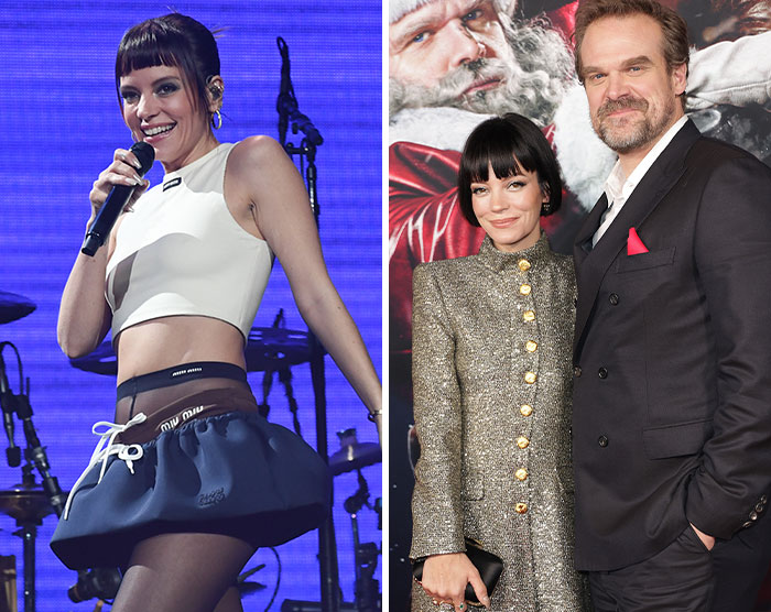 Female celebrity performing on stage with microphone, paired with another image of two celebrities posing, related to bad manner awards.