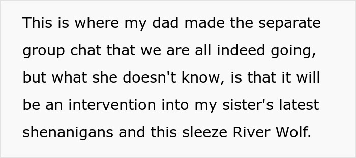Text excerpt describing a family chat about an intervention involving sister's barefoot spiritual advisor causing Thanksgiving chaos.