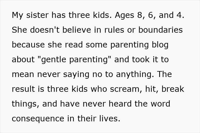 Text about three unruly niblings aged 8, 6, and 4 causing chaos due to lack of rules and boundaries from parenting style. Text about three unruly niblings aged 8, 6, and 4 causing chaos due to lack of rules and boundaries from parenting style.
