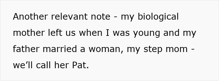 Text excerpt about a mom, stepmom Pat, and family dynamics related to a Disney trip exclusion. Text excerpt about a mom, stepmom Pat, and family dynamics related to a Disney trip exclusion.