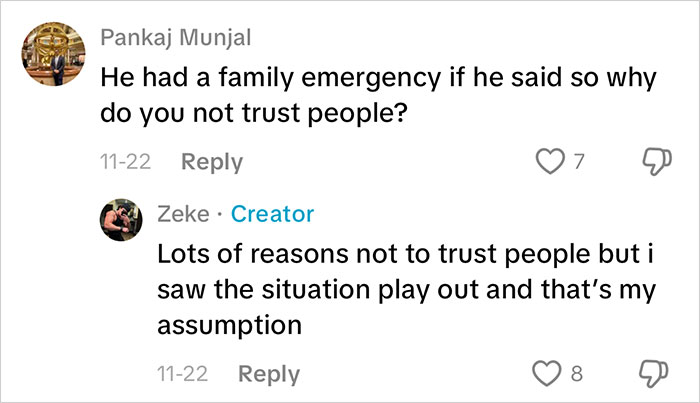 Comments discussing trust issues after waiter serves first date disaster in a social media thread.