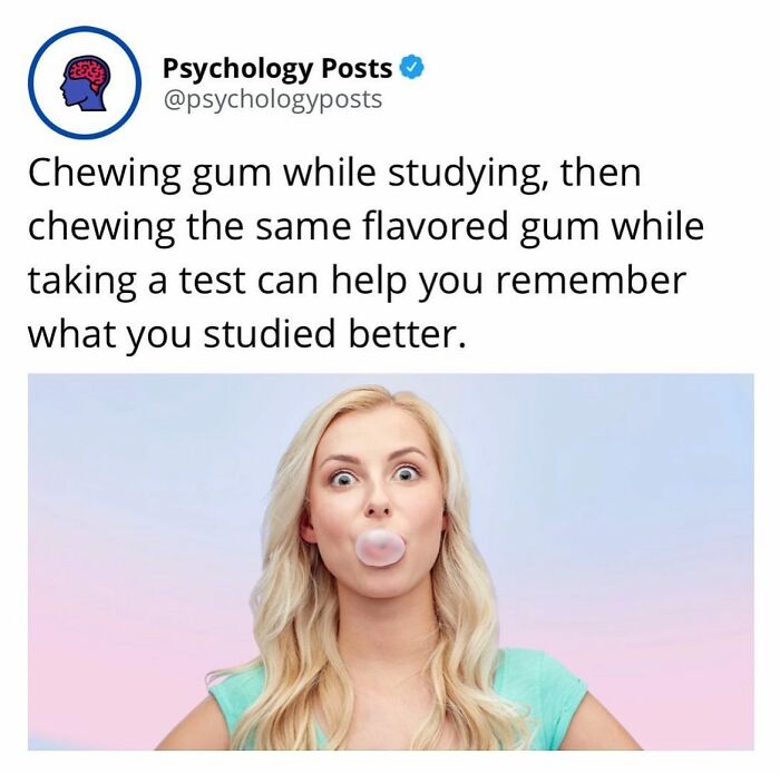Psychology fact about chewing gum while studying and testing to improve memory retention shown with woman blowing a bubble.