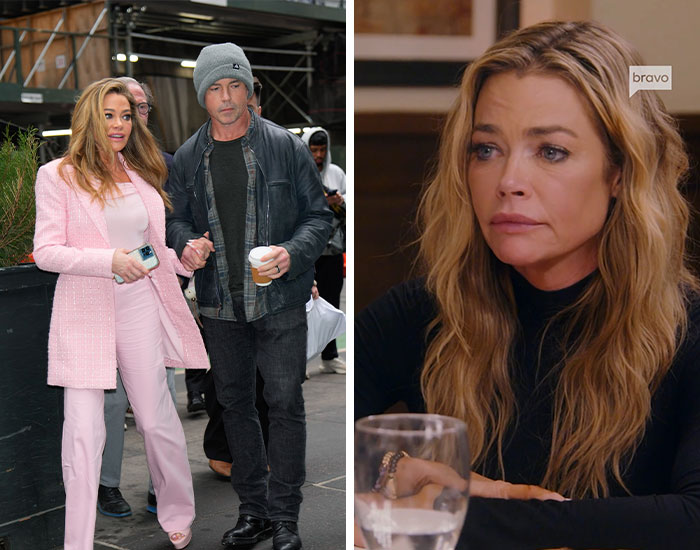 Celebrity couple walking on city street and woman looking emotional indoors, reflecting on major celebrity scandals in 2025.