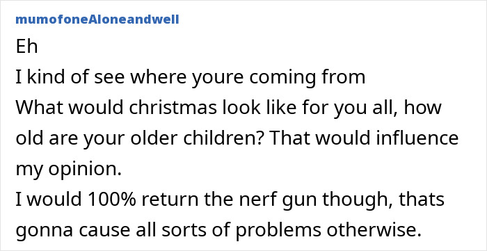 Commenter discussing mom&rsquo;s punishment of no Christmas gifts for 7-year-old and concerns about parenting decisions online.