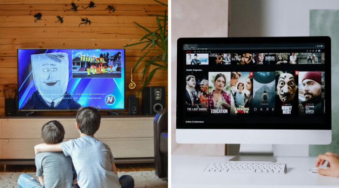 Two boys watching TV cartoons and a desktop showing streaming service with casual wear and school uniform options.