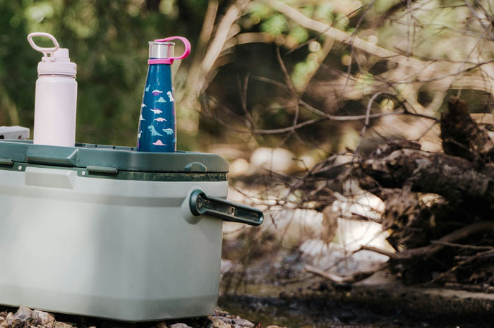 Portable cooler with water bottles set outdoors near woods, capturing the essence of people who couldn't sleep in the woods.