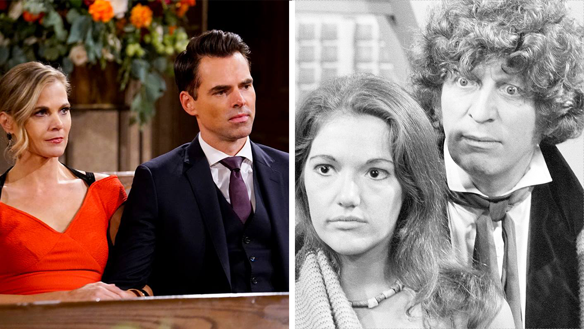 Two scenes from longest running TV shows featuring a couple in formal attire and a black and white image of two characters.