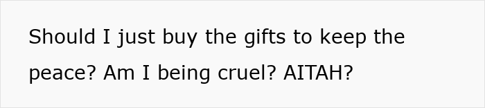 Text image showing a person questioning if buying Christmas gifts for unruly niblings is cruel or necessary to keep peace. Text image showing a person questioning if buying Christmas gifts for unruly niblings is cruel or necessary to keep peace.