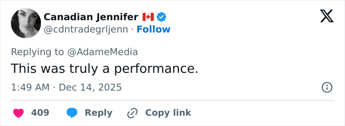 Tweet from Canadian Jennifer praising a performance, related to Erika Kirk's curated moment with husband Charlie's body slam. Tweet from Canadian Jennifer praising a performance, related to Erika Kirk's curated moment with husband Charlie's body slam.