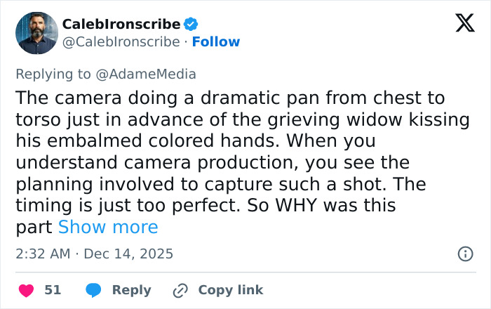 Tweet by CalebIronscribe discussing camera work capturing a widow’s emotional moment, related to Erika Kirk’s curated moment. Tweet by CalebIronscribe discussing camera work capturing a widow’s emotional moment, related to Erika Kirk’s curated moment.