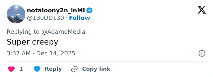 Screenshot of a tweet replying to AdameMedia with the text Super creepy, referencing Erika Kirk's moment with husband Charlie. Screenshot of a tweet replying to AdameMedia with the text Super creepy, referencing Erika Kirk's moment with husband Charlie.