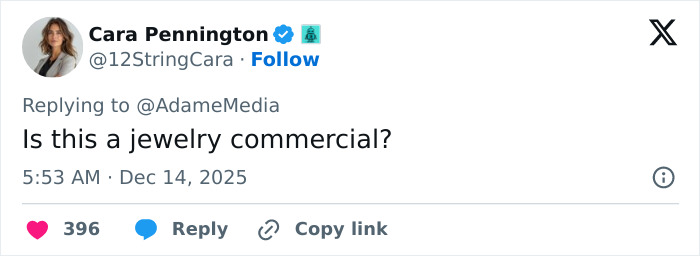 Tweet by Cara Pennington questioning if Erika Kirk's curated moment with husband Charlie's body slam is a jewelry commercial. Tweet by Cara Pennington questioning if Erika Kirk's curated moment with husband Charlie's body slam is a jewelry commercial.