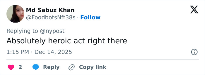 Screenshot of a social media comment praising the Bondi Beach hero who disarmed attacker during Hanukkah event. Screenshot of a social media comment praising the Bondi Beach hero who disarmed attacker during Hanukkah event.