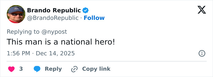 Tweet from Brando Republic praising a man as a national hero after Bondi Beach attacker disarmed during Hanukkah event. Tweet from Brando Republic praising a man as a national hero after Bondi Beach attacker disarmed during Hanukkah event.