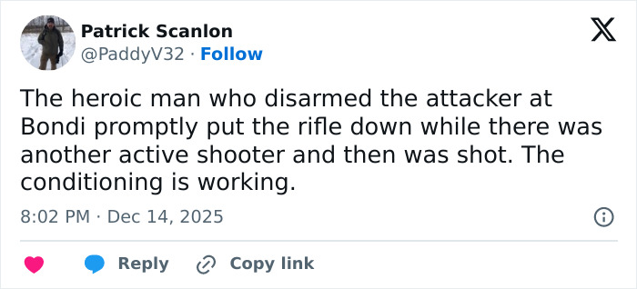 Tweet showing praise for Bondi Beach hero who disarmed attacker during Hanukkah event before being shot. Tweet showing praise for Bondi Beach hero who disarmed attacker during Hanukkah event before being shot.