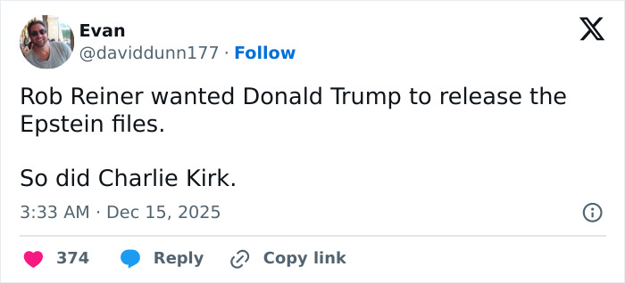 Tweet comparing Rob Reiner and Charlie Kirk’s calls for Donald Trump to release Epstein files, highlighting MAGA hypocrisy. Tweet comparing Rob Reiner and Charlie Kirk’s calls for Donald Trump to release Epstein files, highlighting MAGA hypocrisy.