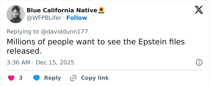 Tweet from Blue California Native calling for Epstein files release, related to MAGA hypocrisy and Rob Reiner's slaying discussion. Tweet from Blue California Native calling for Epstein files release, related to MAGA hypocrisy and Rob Reiner's slaying discussion.