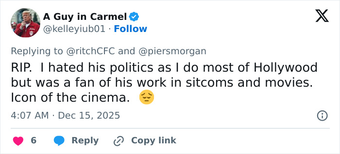 Tweet discussing Rob Reiner's politics and work in sitcoms and movies amid MAGA hypocrisy debate. Tweet discussing Rob Reiner's politics and work in sitcoms and movies amid MAGA hypocrisy debate.