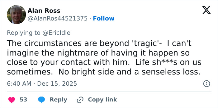 Screenshot of a Twitter reply discussing Eric Idle's reaction to Hollywood icon's disturbing passing shared by Rob Reiner's close friend. Screenshot of a Twitter reply discussing Eric Idle's reaction to Hollywood icon's disturbing passing shared by Rob Reiner's close friend.