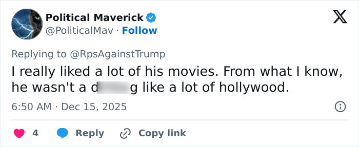 Tweet from Political Maverick discussing Rob Reiner’s movies amid MAGA hypocrisy debate compared to Charlie Kirk. Tweet from Political Maverick discussing Rob Reiner’s movies amid MAGA hypocrisy debate compared to Charlie Kirk.