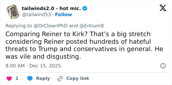 Tweet criticizing comparison of Rob Reiner and Charlie Kirk, highlighting MAGA hypocrisy and conservative threats. Tweet criticizing comparison of Rob Reiner and Charlie Kirk, highlighting MAGA hypocrisy and conservative threats.