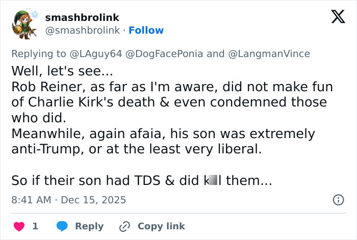 Tweet discussing MAGA hypocrisy, Rob Reiner’s slaying, and contrasting views on Charlie Kirk’s death. Tweet discussing MAGA hypocrisy, Rob Reiner’s slaying, and contrasting views on Charlie Kirk’s death.