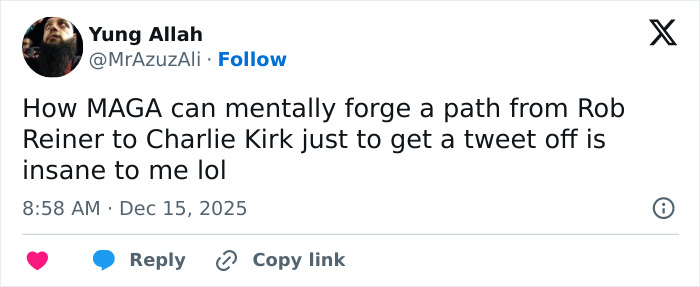 Tweet discussing MAGA hypocrisy comparing Rob Reiner and Charlie Kirk in a critical political commentary. Tweet discussing MAGA hypocrisy comparing Rob Reiner and Charlie Kirk in a critical political commentary.