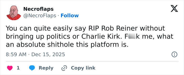 Tweet criticizing platform, highlighting MAGA hypocrisy in comparing Rob Reiner’s slaying to Charlie Kirk’s situation. Tweet criticizing platform, highlighting MAGA hypocrisy in comparing Rob Reiner’s slaying to Charlie Kirk’s situation.