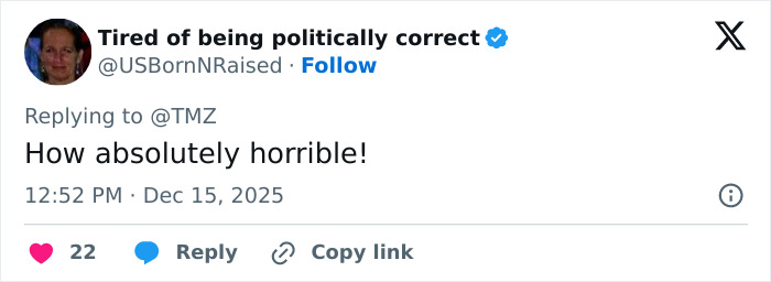 Tweet from user Tired of being politically correct expressing shock on Rob Reiner’s son arrested for allegedly slaying parents case. Tweet from user Tired of being politically correct expressing shock on Rob Reiner’s son arrested for allegedly slaying parents case.
