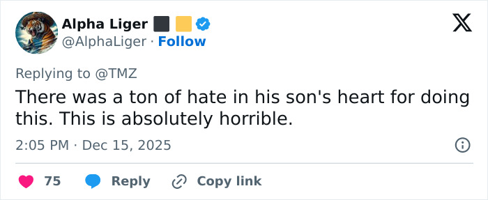 Screenshot of a Twitter reply expressing horror over Rob Reiner’s son arrested for allegedly slaying parents. Screenshot of a Twitter reply expressing horror over Rob Reiner’s son arrested for allegedly slaying parents.