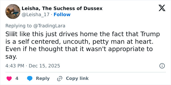 Tweet from Leisha criticizing Trump as petty and self-centered, responding to controversy over Trump’s post about Rob Reiner and wife. Tweet from Leisha criticizing Trump as petty and self-centered, responding to controversy over Trump’s post about Rob Reiner and wife.